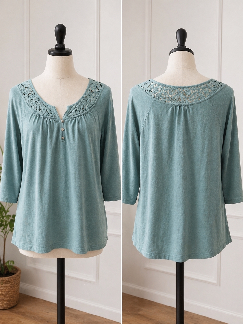 Eddie Bauer Lace Yoke 3/4 Sleeve Top - Seafoam Green